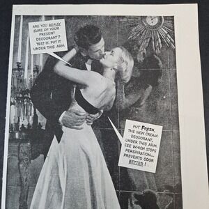 1949 Fresh Cream Deodorant Anti-Perspirant Vintage Print Ad‎ Kissing Couple NYC
